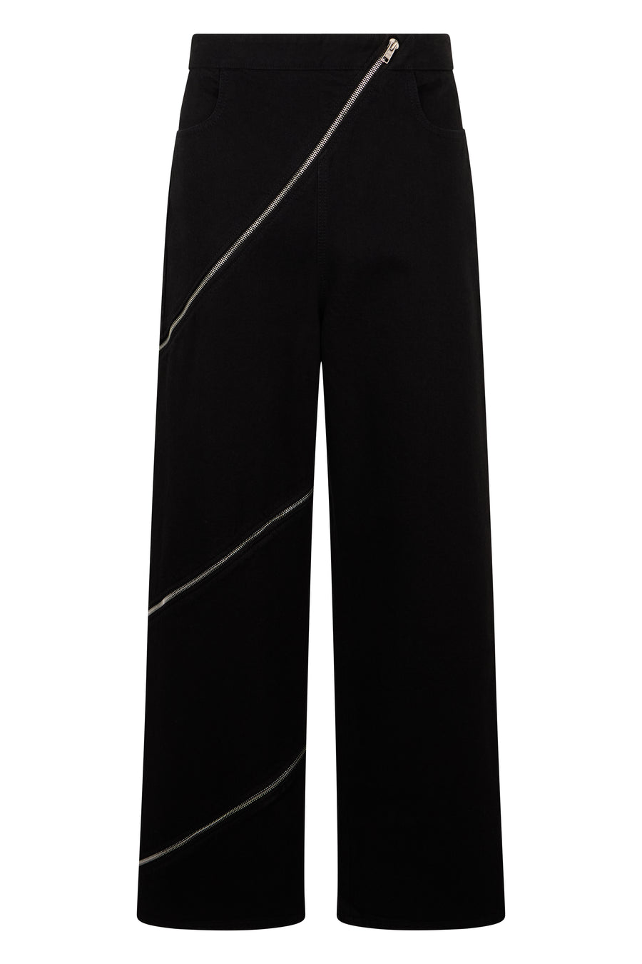 Wide-Leg Trousers With Zip Detail — Black Cotton