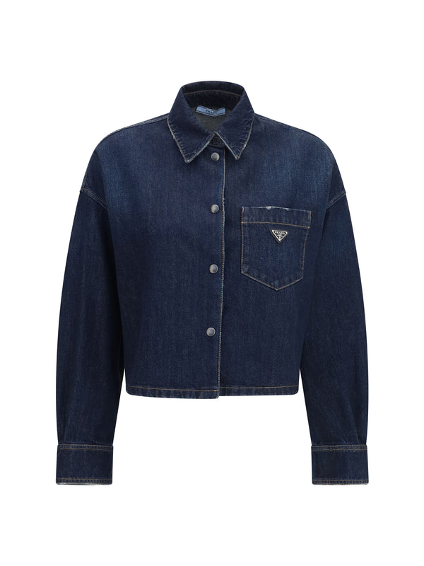 Denim Shirt With Logo Bleu Cotton