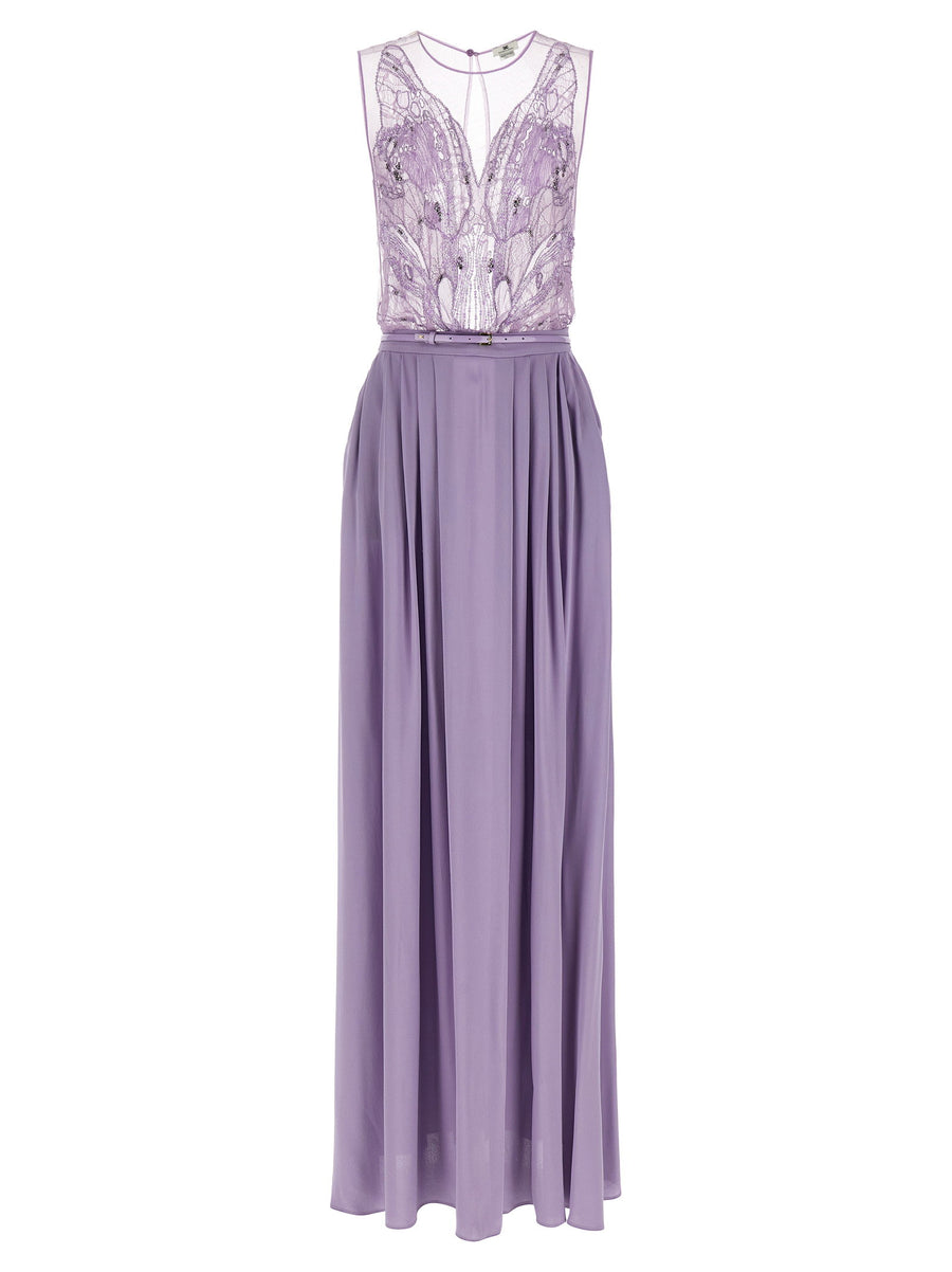 Elisabetta Franchi Sequin-Embroidered Tulle Dress — Purple