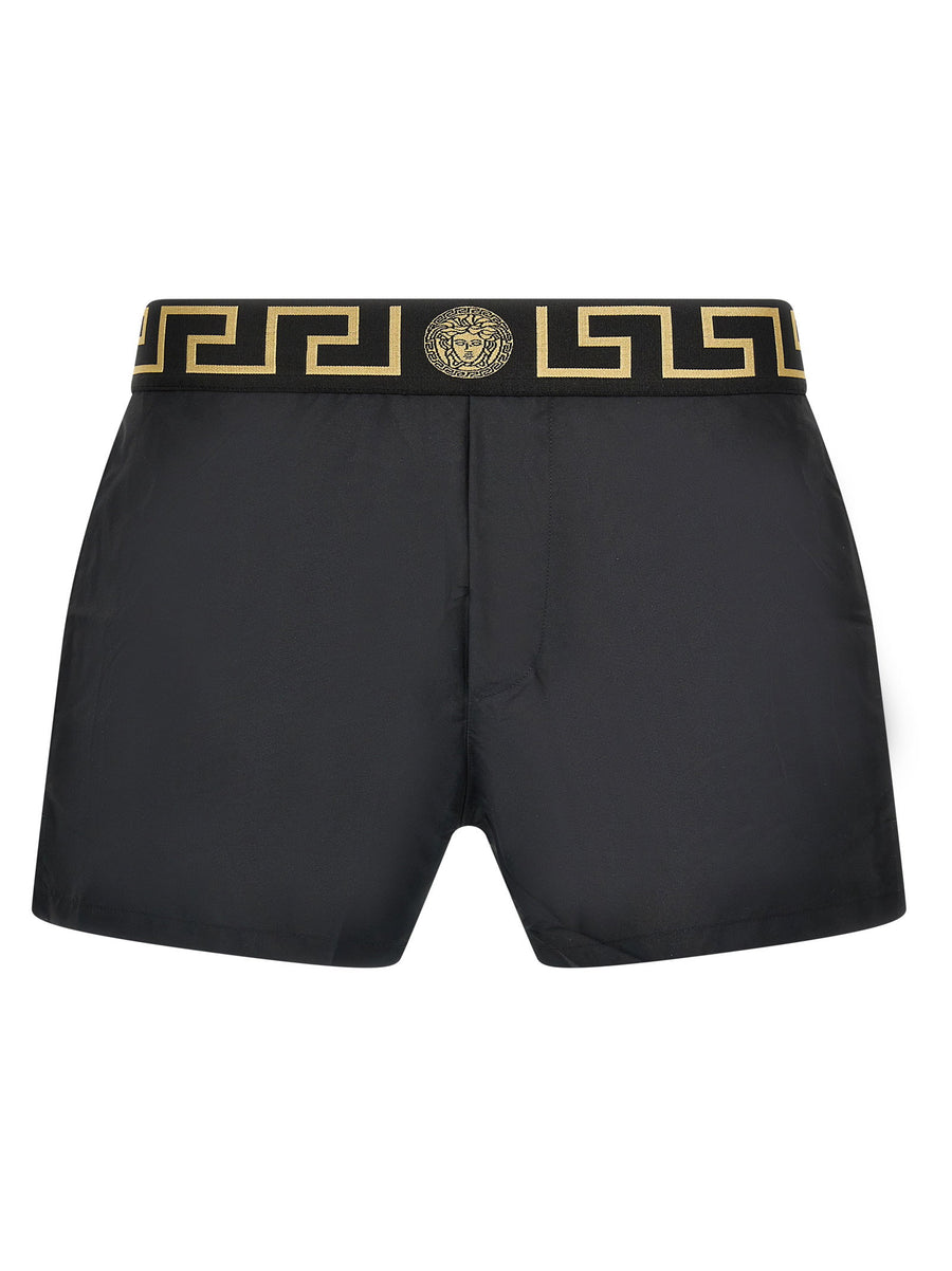 Versace Greca Elastic Waistband Swim Shorts — Black
