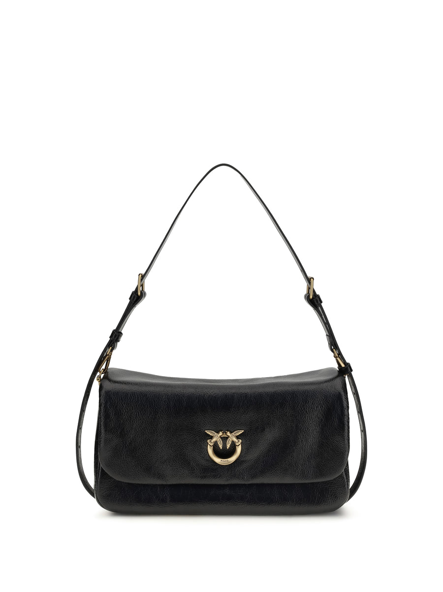 Love Click Soft Horizontal Shoulder Bag Nero-antique Gold Calf Leather Bos Taurus