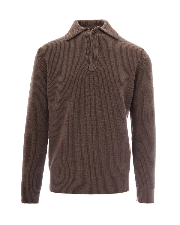 Polo Sweater Fisherman Rib Wool Brown Jumpers