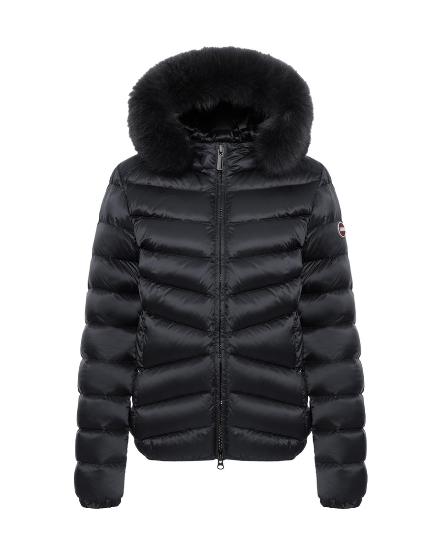 Puffer Jacket Black Faux-Fur Hood