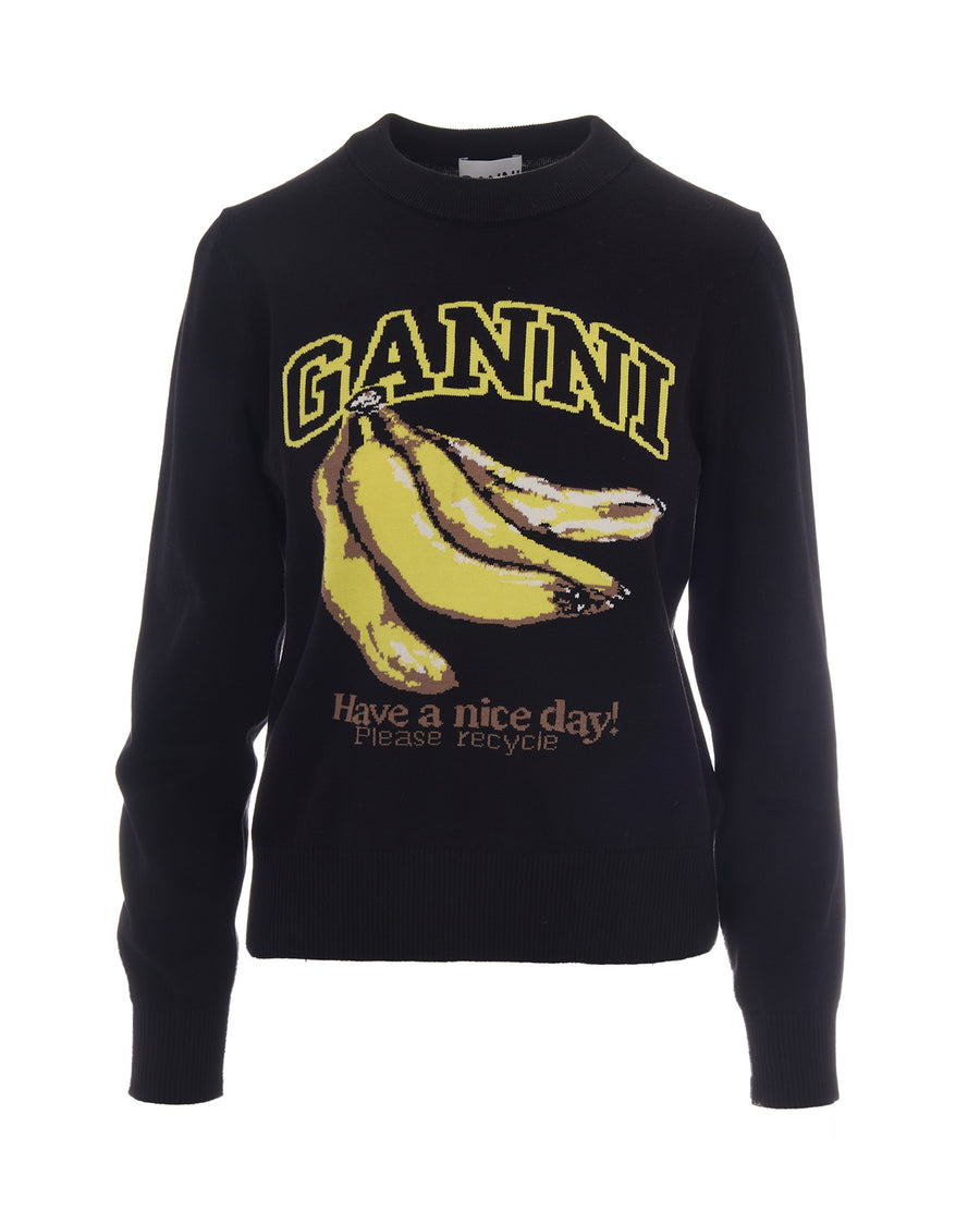 Crew Neck Sweater Graphic Banana Black Organic Cotton Jumpers