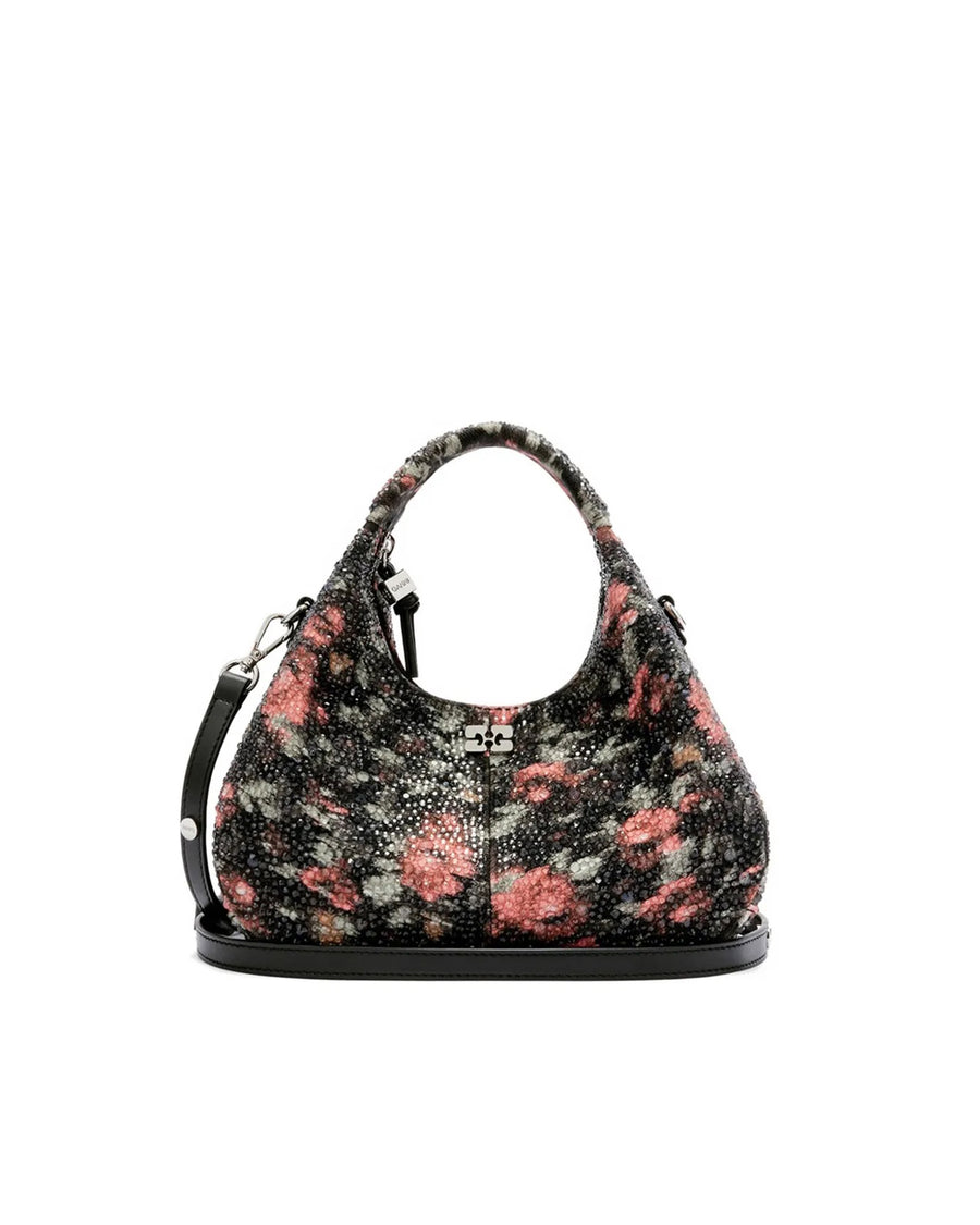 Hobo Bag Mini Flowers Black Recycled Cotton Handbags