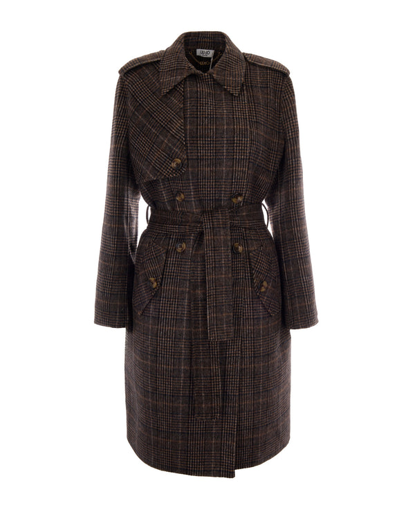 Long Coat Camel Check Wool Polyester