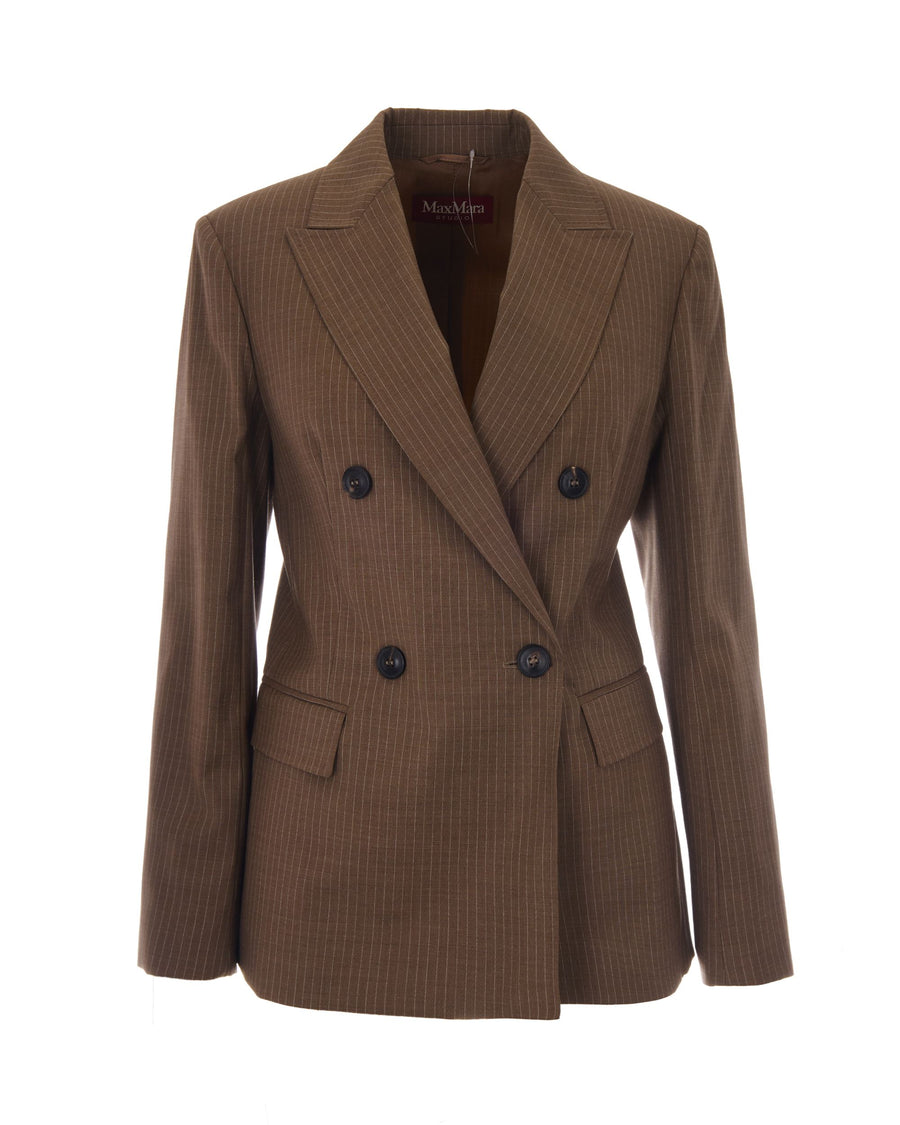 Double-Breasted Blazer Umico Camel Pinstripe Virgin Wool Jacket