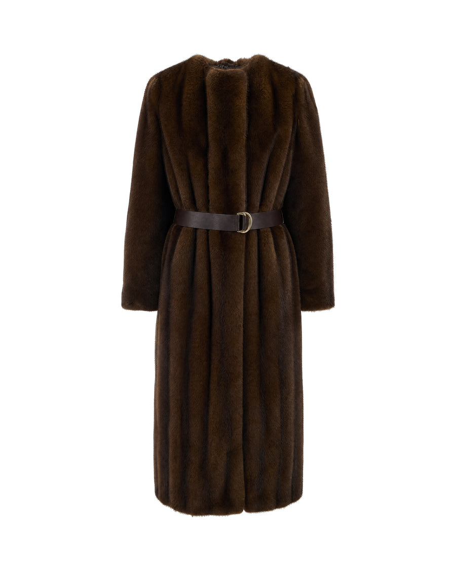 Faux Fur Coat With Waist Belt Hazelnut Polyester Jacket