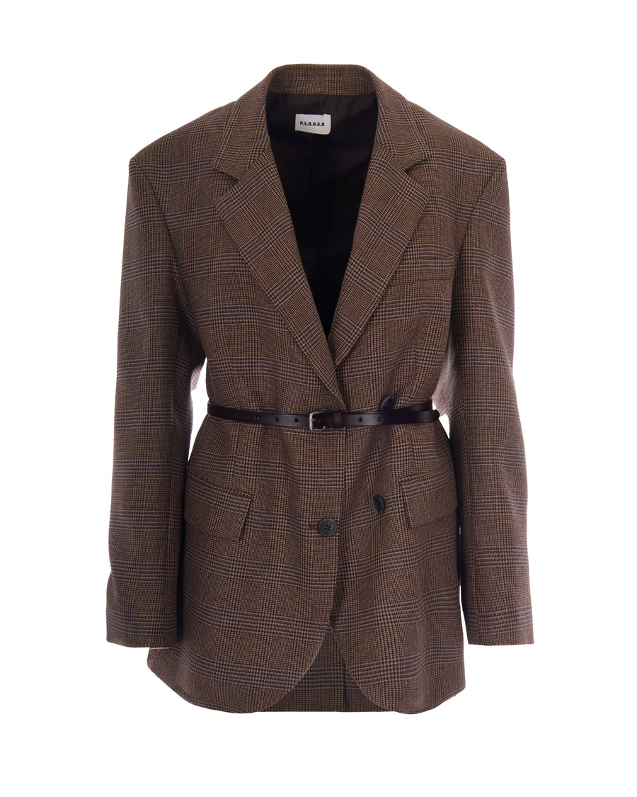Double-Breasted Checked Blazer Brown Patterned Viscose Wool Jacket