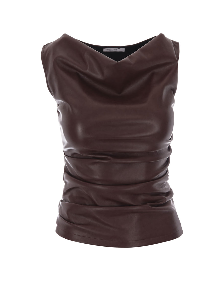 Sleeveless Top Nappa-Effect Wood Brown Tops