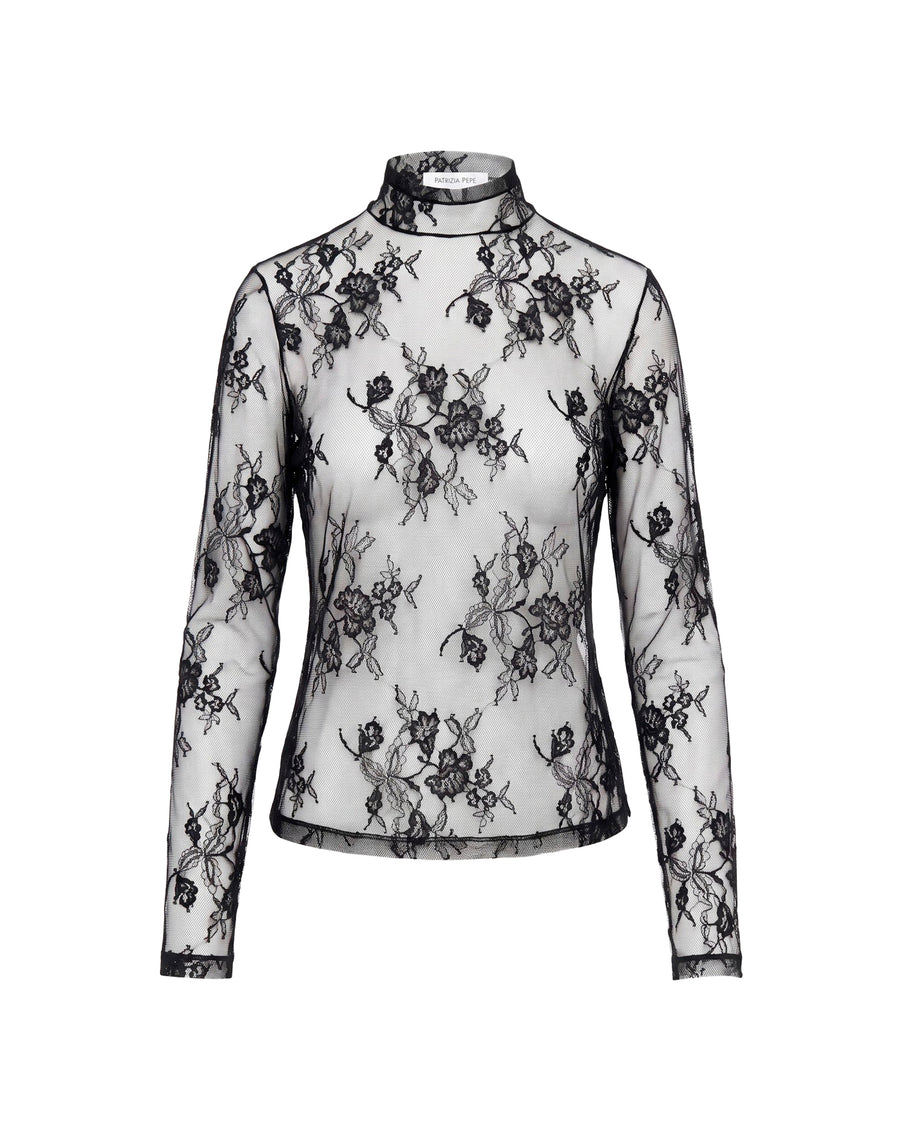 Tulle Top With Contrasting Lace Black Polyester Tops