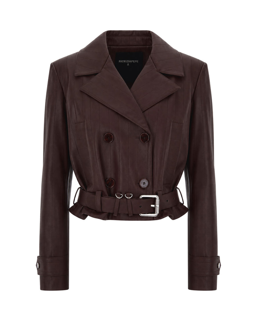 Short Double-Breasted Faux-Leather Jacket Wood Brown