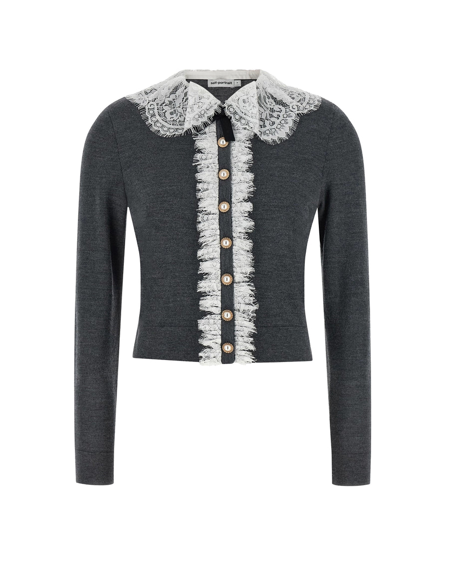 Cardigan Lace Collar Grey Merino Wool - Main: Wool; Trim: Cardigans