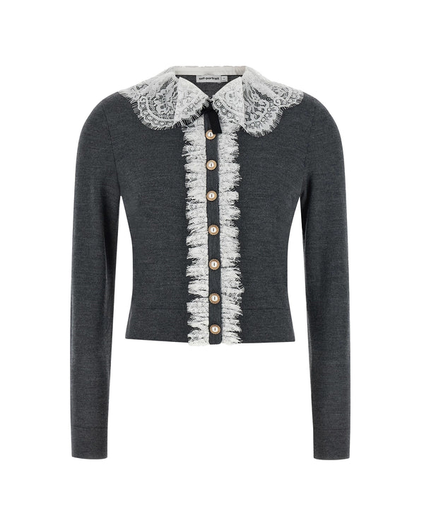 Cardigan Lace Collar Grey Merino Wool - Main: Wool; Trim: Cardigans