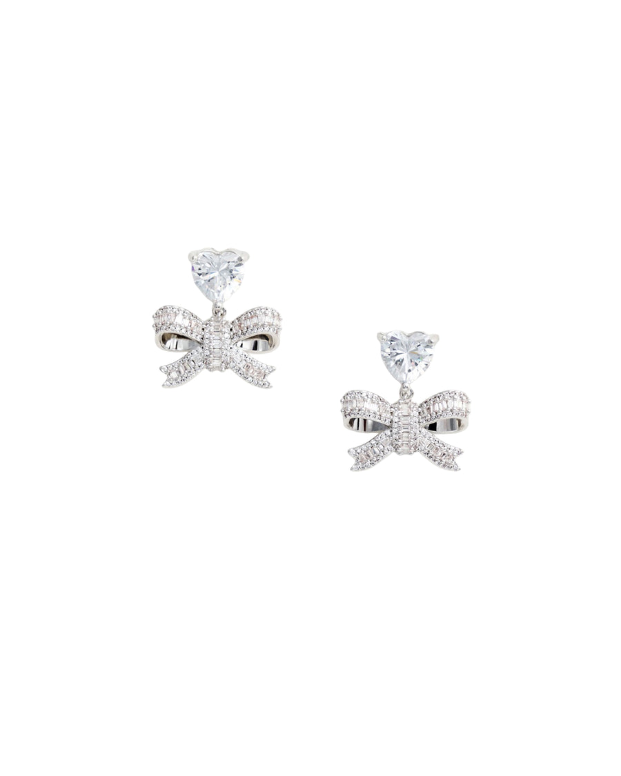 Drop Earrings Crystal Heart Bow Silver Crystal/silver Brass