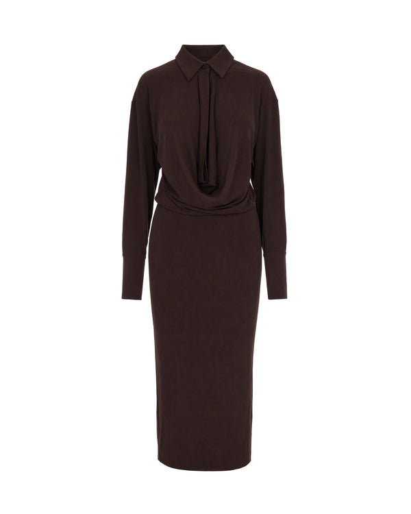 Midi Dress With Draped Cowl Neck Dark Brown Polyester Evening Suits