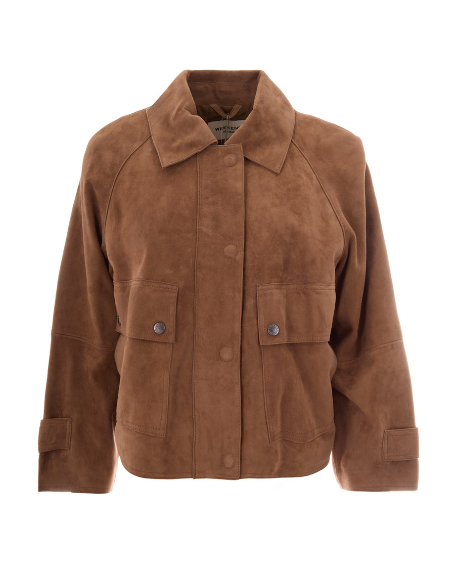 Suede Jacket With Shirt Collar Hazelnut Goatskin Leather