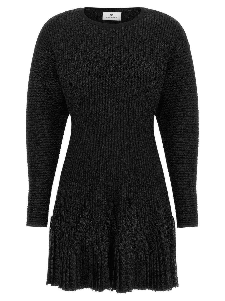Elisabetta Franchi Ribbed Knit Pleated Dress — Black