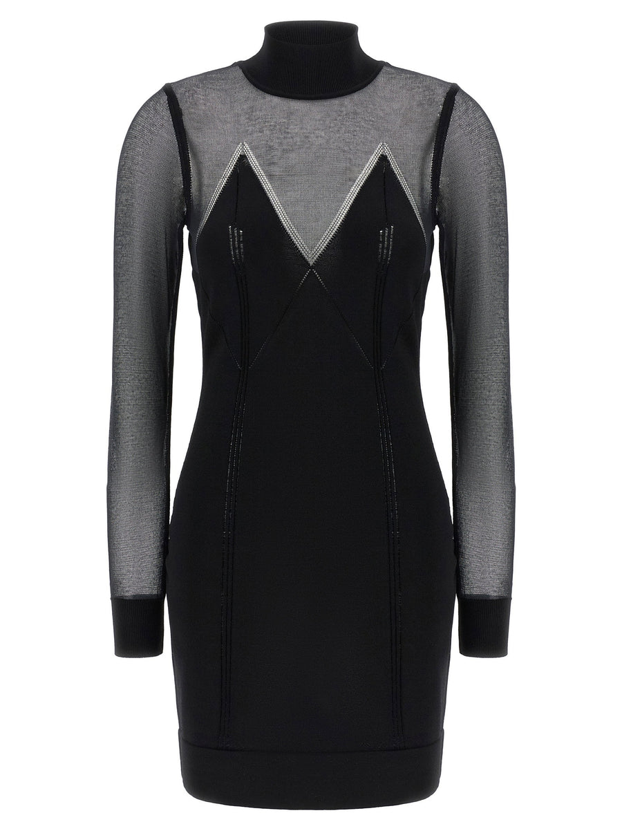 Elisabetta Franchi Mesh-Paneled Turtleneck Dress — Black
