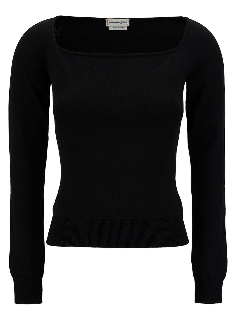 Black Top With Square Neckline Viscose Tops