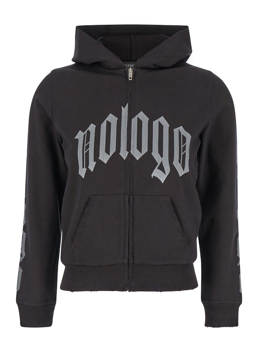 Black Zip-Up Hoodie With Gothic Print Cotton Sweatshirts