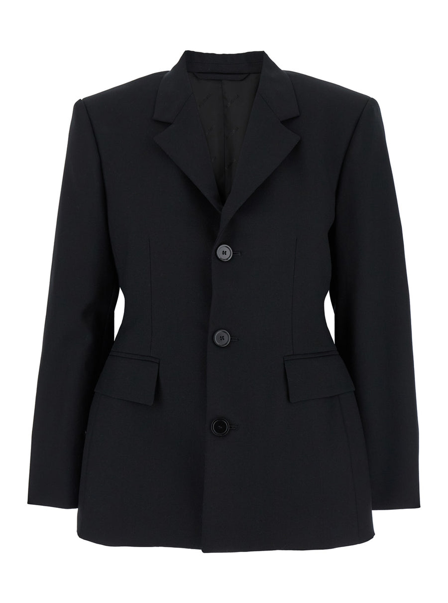 Black Single-Breasted Jacket With Notched Revers Wool Blazers