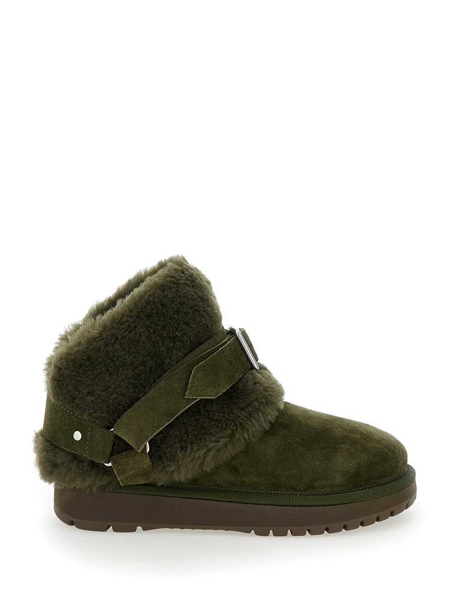 Green Ankle Boots With Strap Suede And Shearling Sheep