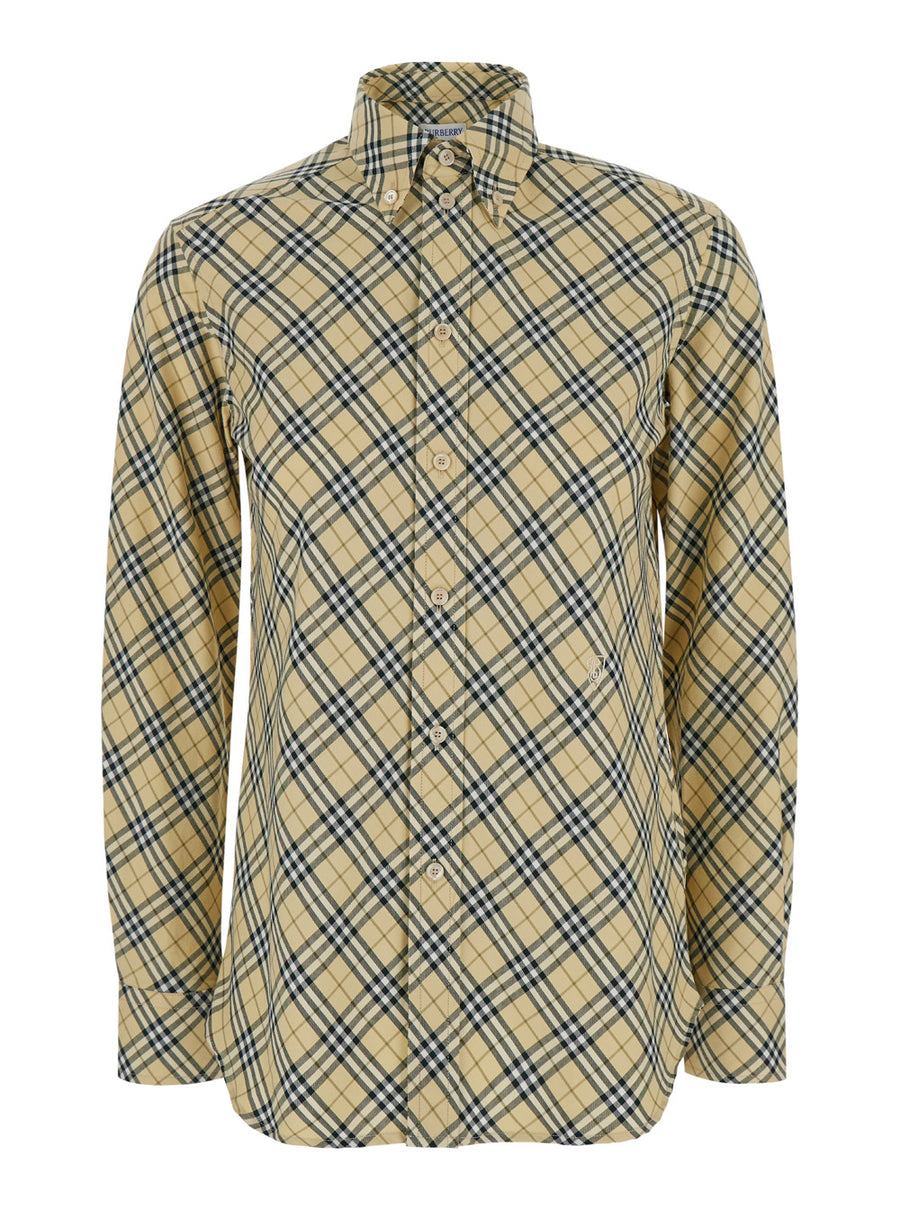 Beige Oversize Shirt With Check Motif Cotton Blouses
