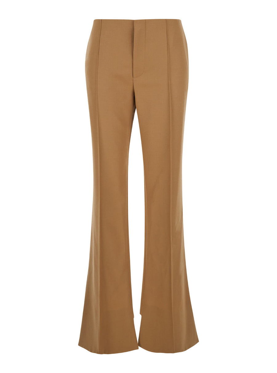Beige Flared Pants With Asymmetric Hem Sheep Wool Trousers