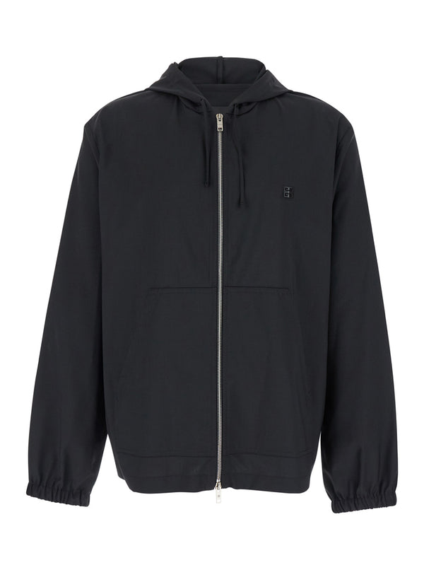 Black Zip-Up Hoodie With Logo Detail Virgin Wool Coat