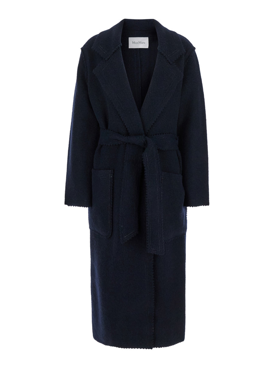 Long Blue Coat With Belt Wool And Cashmere