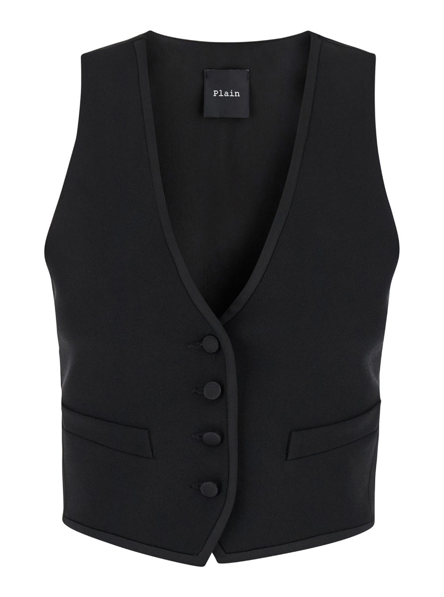 Black Vest With Covered Buttons Tech Fabric Blazers