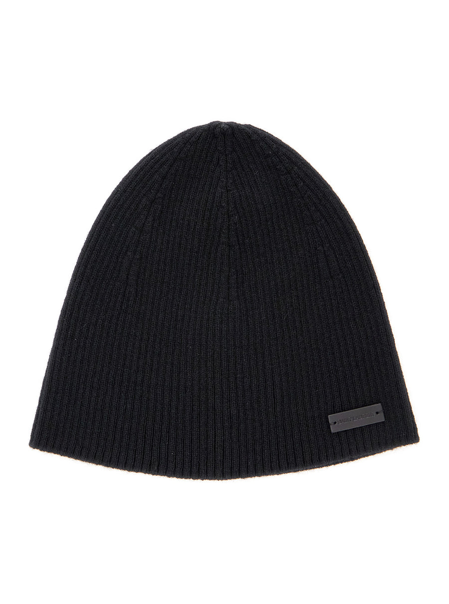 Black Cashmere Beanie With Logo Patch Hat