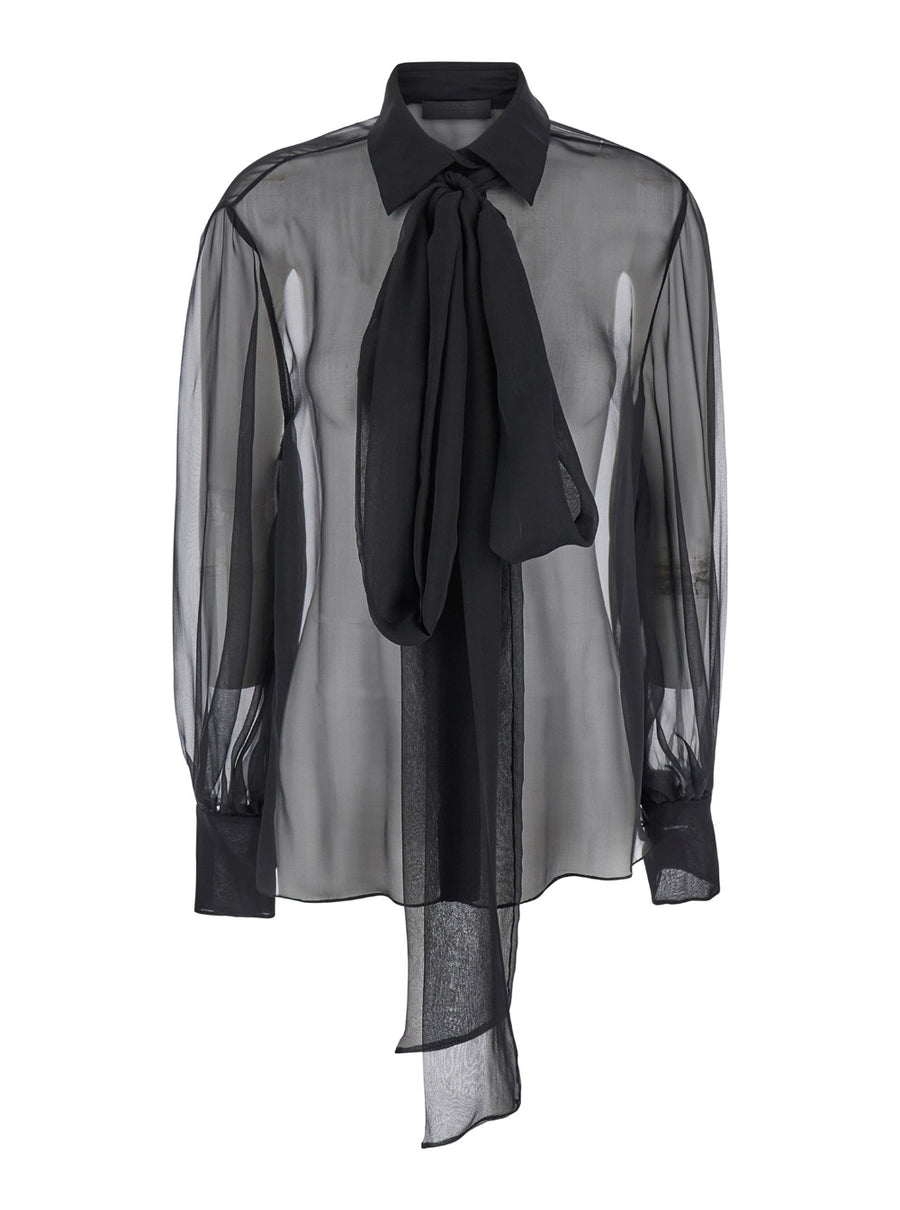 Black Silk Shirt With Classic Collar Blouses
