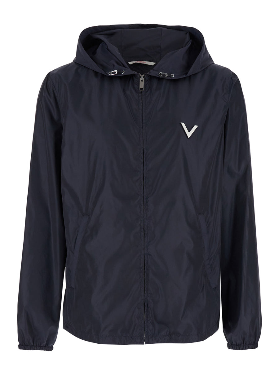 Blue Jacket With Vlogo Detail Polyamide Coat