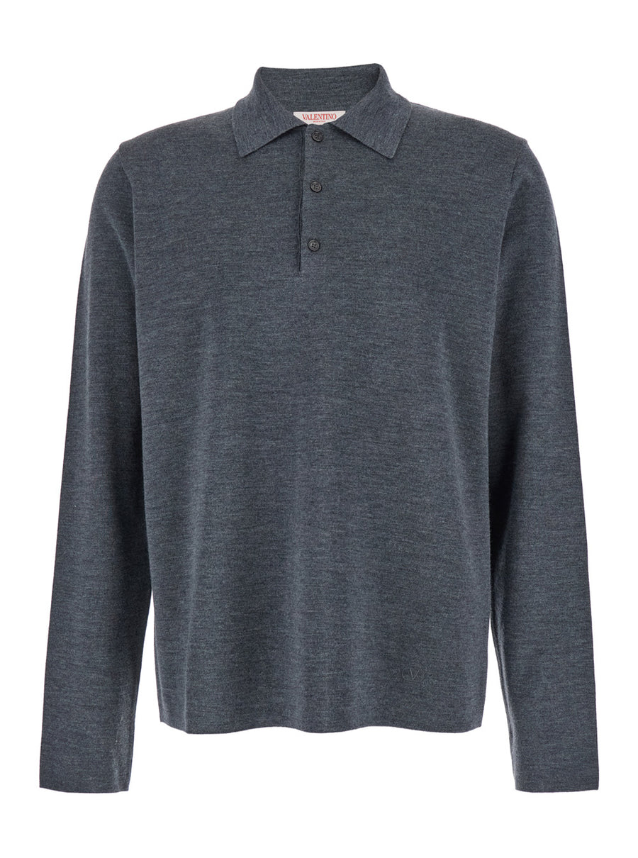 Grey Wool Polo Shirt With Classic Collar Virgin