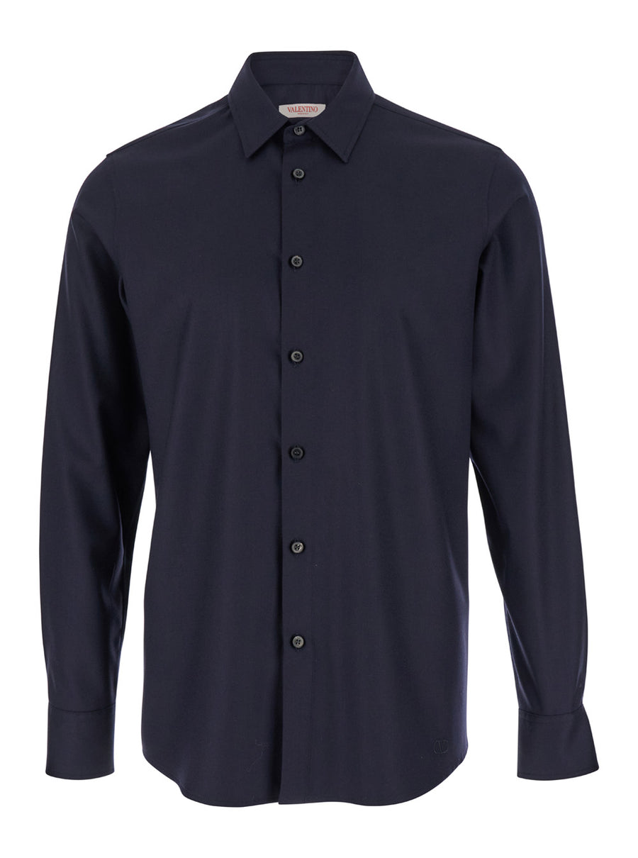 Blue Wool Blend Shirt With Classic Collar Cashmere