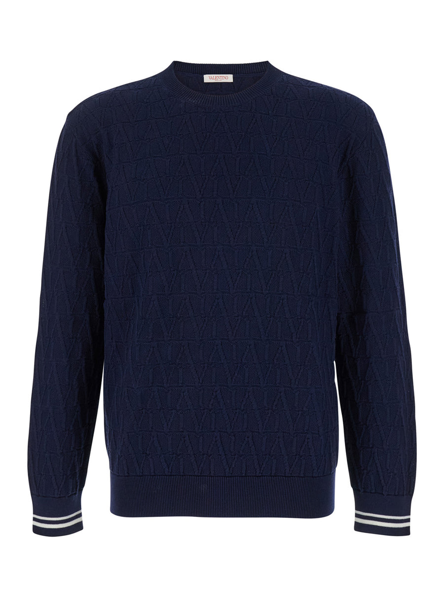 Blue Jacquard Crewneck Sweater Cotton Tops