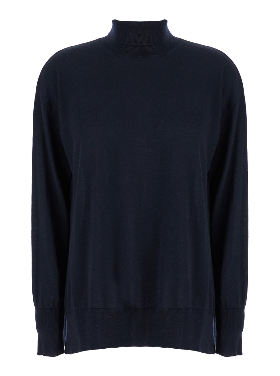 Blue High Neck Wool Sweater Virgin Tops