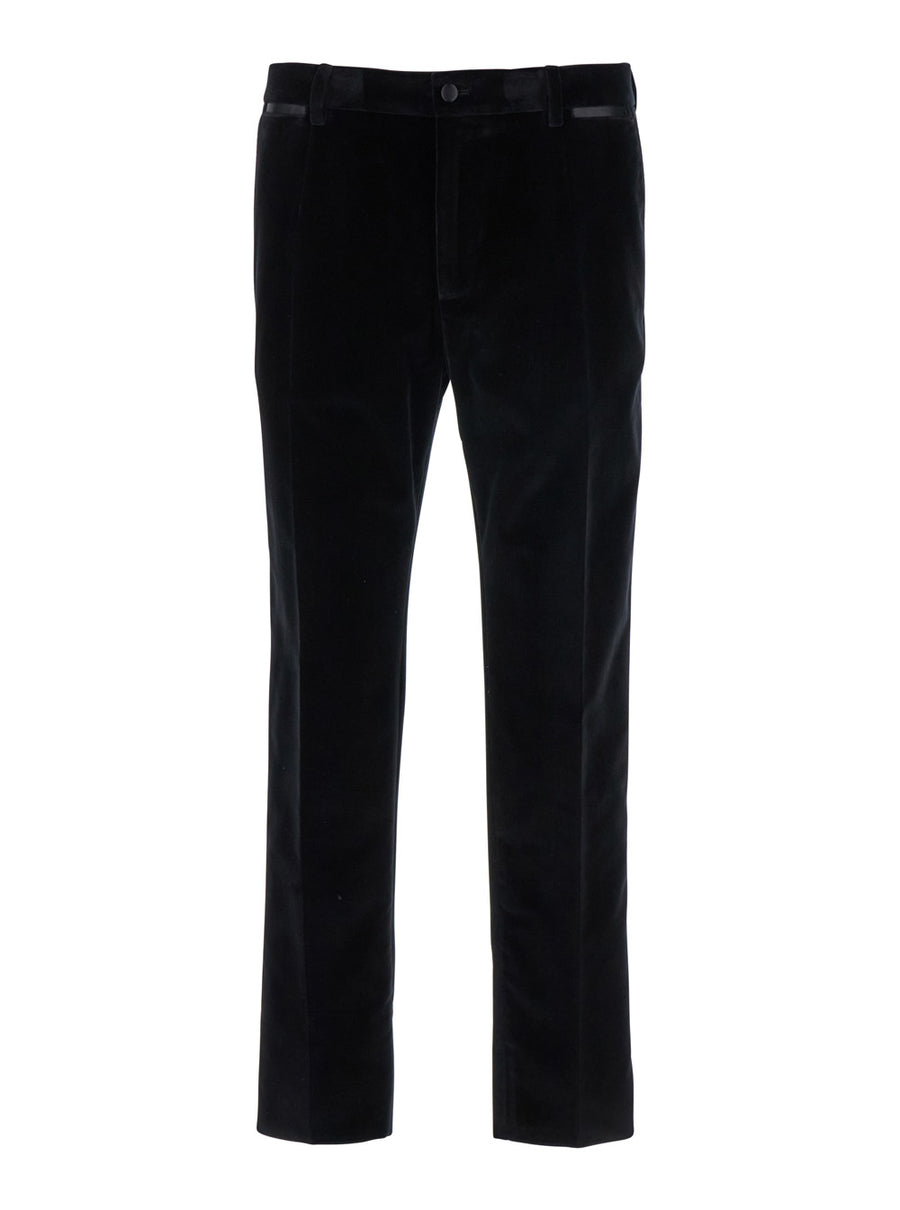 Black Velvet Stretch Pants With Belt Loops Cotton Trousers