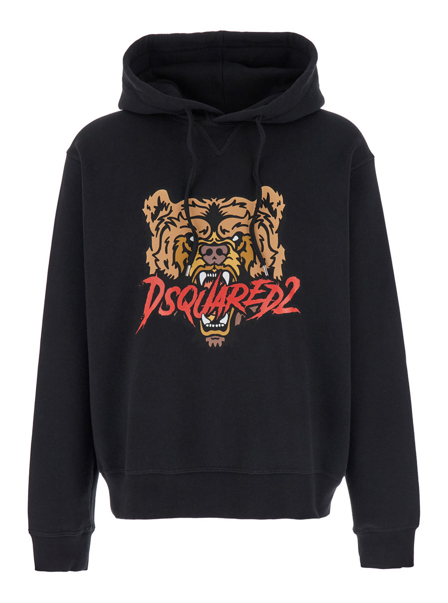 Black Hoodie With Maxi Logo Print Cotton Sweatshirts