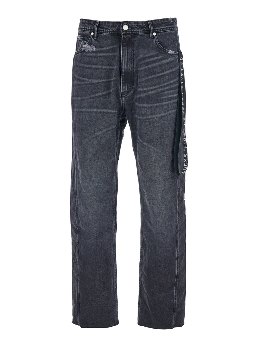 Black Jeans With Logo Patch And Side Strap Denim