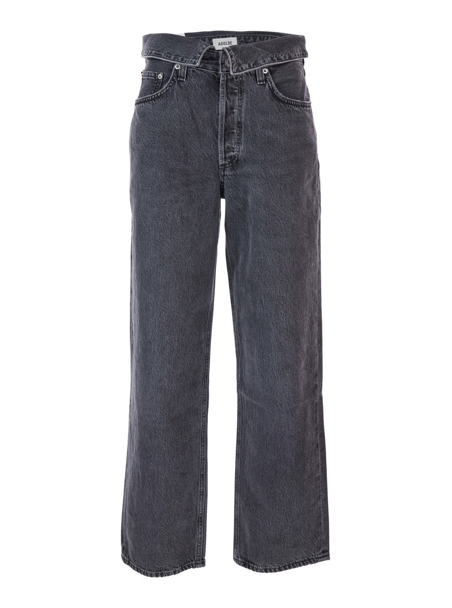 Black Jeans With Front-Fold Design Cotton