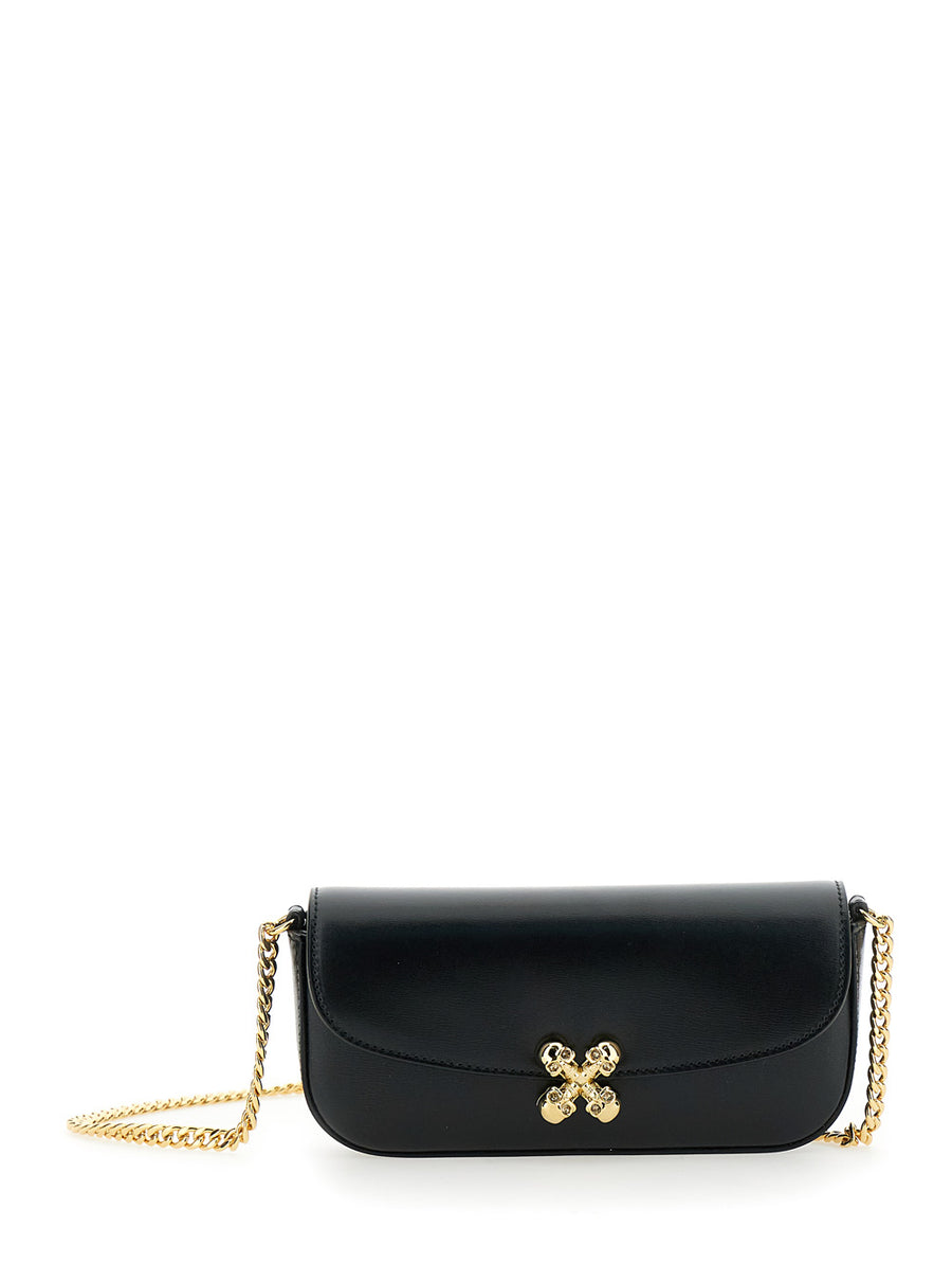 Black Crossbody Bag With Chain-Link Strap Calf Shoulder