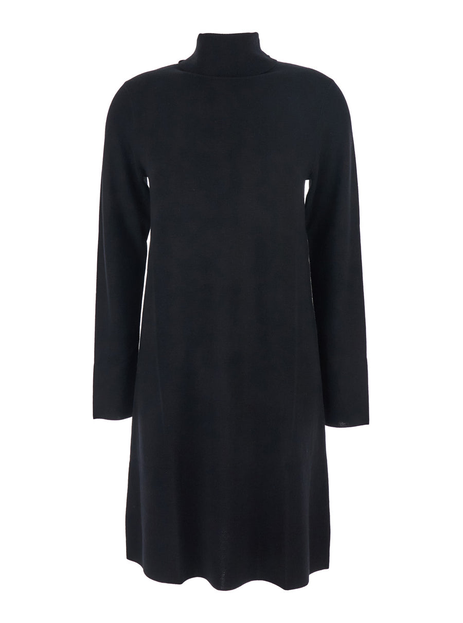 Black Turtleneck Wool Dress With Straight Hem Virgin