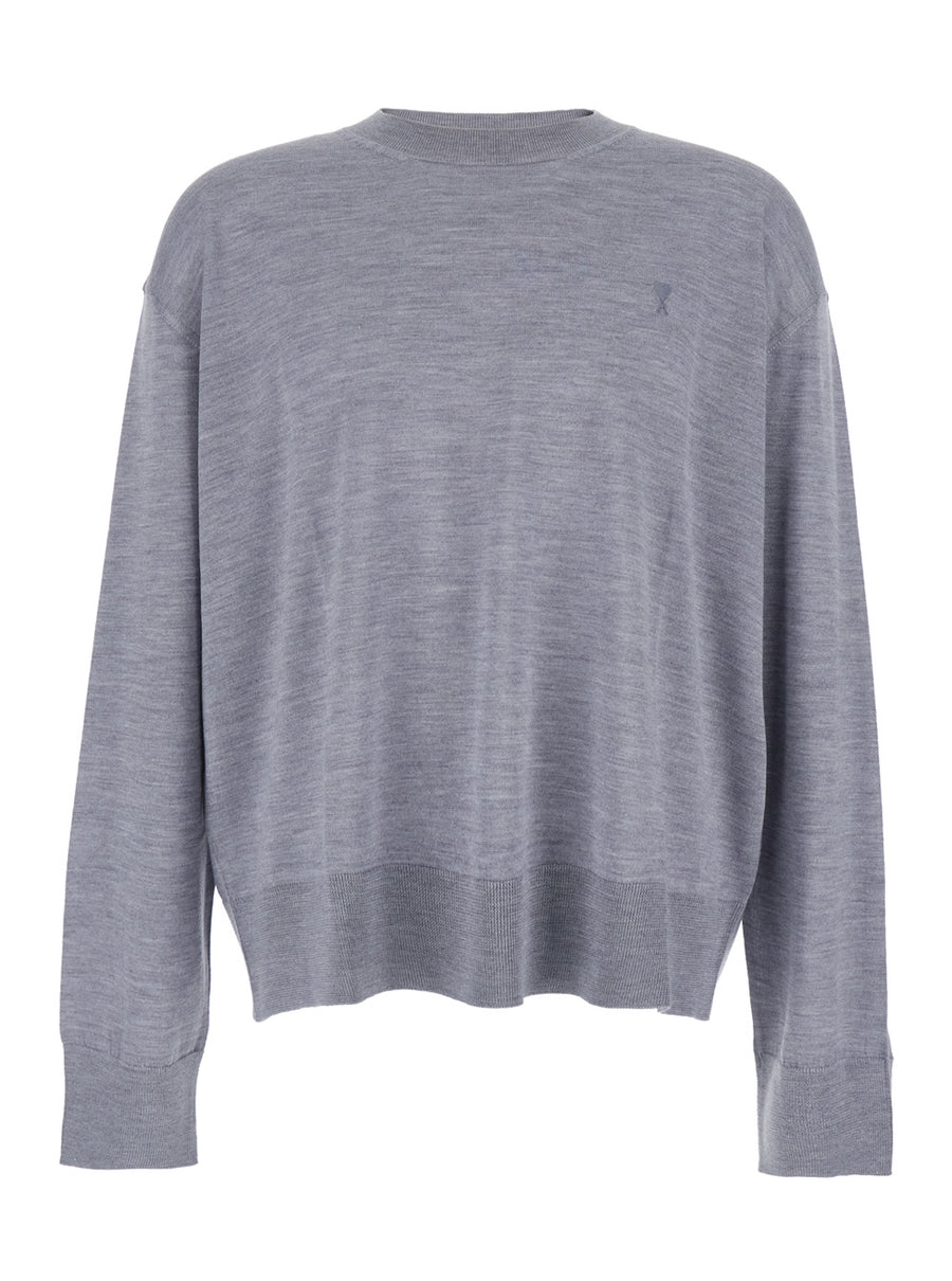 Grey Crew Neck Sweater With Embroidered Logo Wool Tops