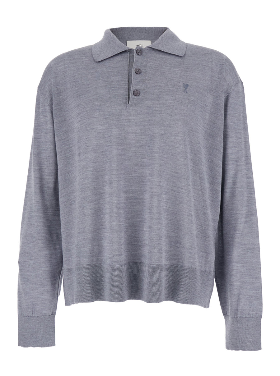 Grey Polo Shirt With Classic Collar Wool T-shirts