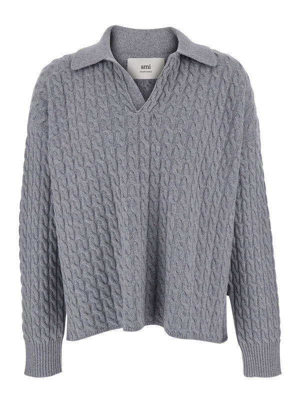 Grey Polo Shirt With Woven Design Wool T-shirts