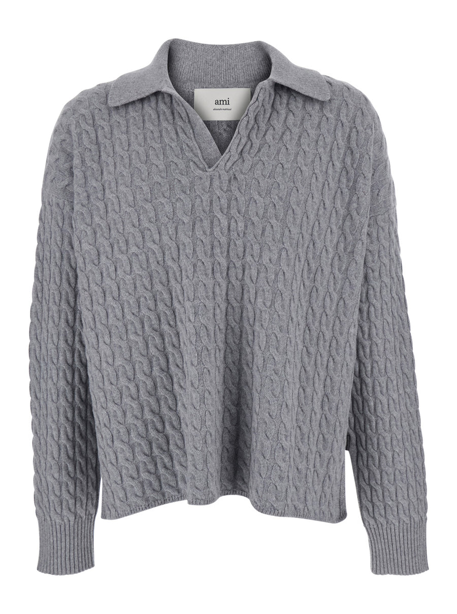 Grey Polo Shirt With Woven Design Wool T-shirts