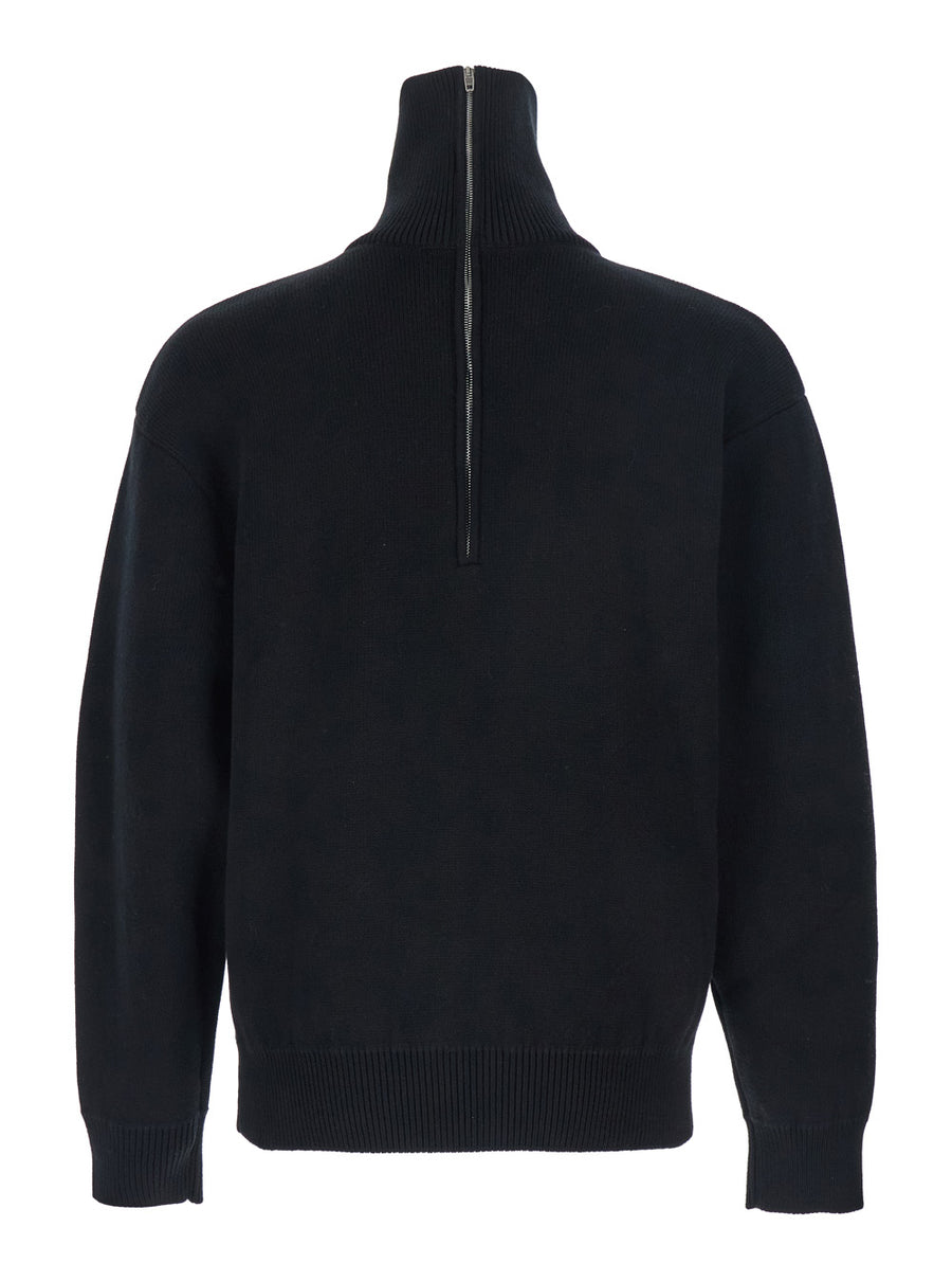 Black Turtleneck Sweater With Zip Closure Cotton Blend Stretch Tops